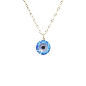 Evil Eye Blue Opal Necklace on a Dainty 14k Gold Filled Chain, Round Eye Layering Necklace 18 inch