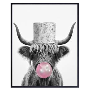 Cute Cow Bathroom Wall Art - Scottish Highland Cow Print - Black Gray Grey Pink Bathroom Wall Decor - funny Bathroom Pictures - Kids Bathroom Sign - Country Rustic Farmhouse Bathroom Accessories