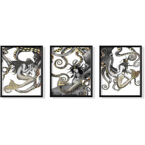 Gold Mermaid and Octopus Wall Art - Nautical Picture Print - Gothic Bathroom Decor - Steampunk Room Decor for Washroom Restroom - Kraken Art Nouvean Deco - Party Decorations - Gifts for Mermaid Merman in Kuwait