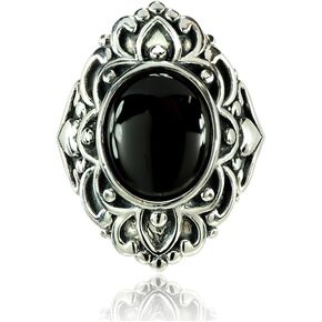 Sterling Silver Simulated Onyx Oxidized Bali Inspired Vintage Oval Ring