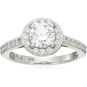 Amazon Collection Platinum-Plated Sterling Silver Round-Cut Halo Ring made with Infinite Elements Cubic Zirconia (small version), Size 8