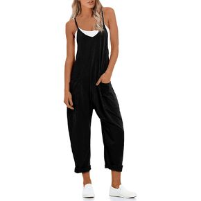 Women's Loose Casual Sleeveless Jumpsuits Adjustable Spaghetti Straps Wide Leg Long Pants V Neck Overalls with Pockets
