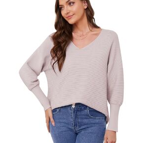 Women's 2024 Fall Pullover Sweaters Balloon Long Sleeve Ribbed Knitted Pullovers Oversized V Neck Sweater Tops