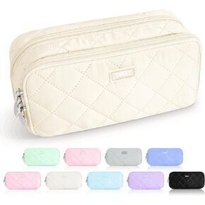 Sooez Large Pencil Case Pouch,Extra Big Pencil Bag with 8 Compartments,Pen Bag Wide Opening,Soft Quilted Pencil Pouch Organizer with Zipper,Portable Pencil Case for Teen Girls,Beige