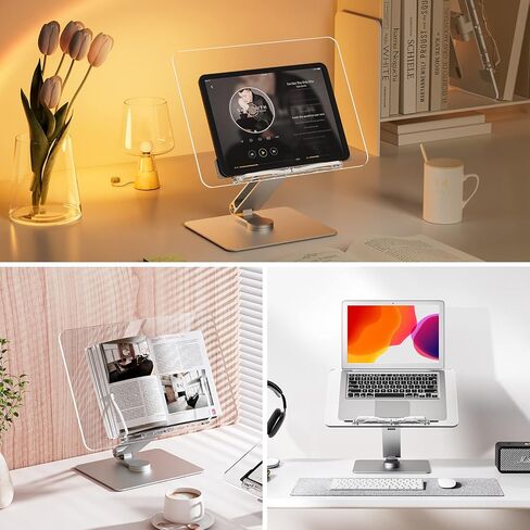 حامل كتب أكريليك، دوار، لوحة شفافة، يدور 360 درجة، زاوية ارتفاع قابلة للتعديل، قابل للطي، حامل كتب للقراءة، حامل الكمبيوتر المحمول، WFH، الدراسة، حامل الكتابة، الحد الأدنى in Kuwait