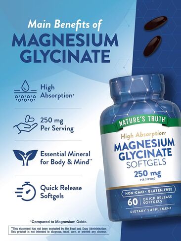 Nature's Truth Magnesium Glycinate Softgels | 250mg | 60 Pills | High Absorption | Non-GMO & Gluten Free Supplement in Saudi Arabia
