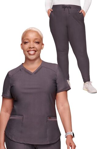 Cherokee Women's Scrub Set, 7 Pockets V-Neck Top with a Curved Hemline CK840 & Mid Rise Tapered Leg Drawstring Pant CK095, Pewter- M Top/M Pant in Saudi Arabia