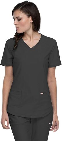 Cherokee Women's Scrub Set, 7 Pockets V-Neck Top with a Curved Hemline CK840 & Mid Rise Tapered Leg Drawstring Pant CK095, Pewter- M Top/M Pant in Saudi Arabia