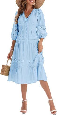 Women’s Summer Puff Sleeve V Neck Hollow Lace Ruffle Casual Boho Dress B-light Blue in Saudi Arabia