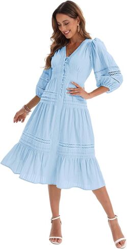 Women’s Summer Puff Sleeve V Neck Hollow Lace Ruffle Casual Boho Dress B-light Blue in Saudi Arabia