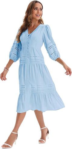 Women’s Summer Puff Sleeve V Neck Hollow Lace Ruffle Casual Boho Dress B-light Blue in Saudi Arabia
