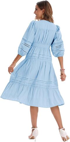 Women’s Summer Puff Sleeve V Neck Hollow Lace Ruffle Casual Boho Dress B-light Blue in Saudi Arabia