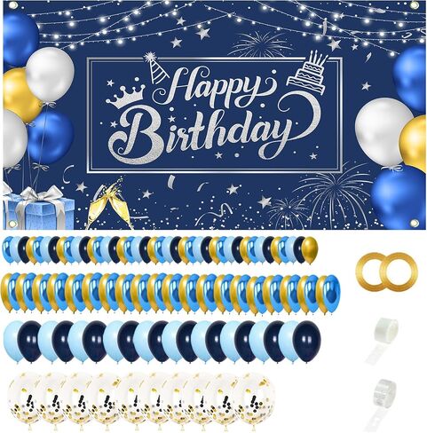 Happy Birthday Backdrop Happy Birthday Banner Birthday Decorations with 114pcs Black Gold Balloon and Balloon Arch Kit Birthday Party Supplies for Men Women ,72.8 x 43.3inch (Black and Gold) in Saudi Arabia