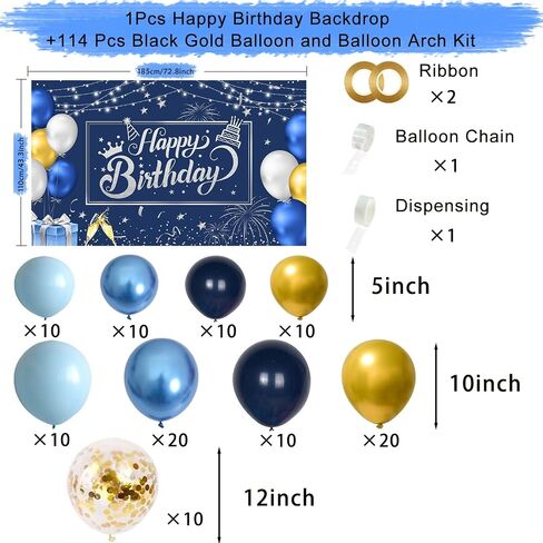 Happy Birthday Backdrop Happy Birthday Banner Birthday Decorations with 114pcs Black Gold Balloon and Balloon Arch Kit Birthday Party Supplies for Men Women ,72.8 x 43.3inch (Black and Gold) in Saudi Arabia