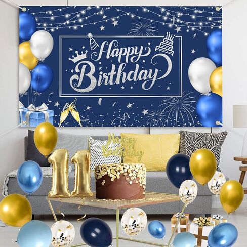 Happy Birthday Backdrop Happy Birthday Banner Birthday Decorations with 114pcs Black Gold Balloon and Balloon Arch Kit Birthday Party Supplies for Men Women ,72.8 x 43.3inch (Black and Gold) in Saudi Arabia