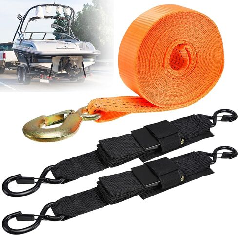 Boat Trailer Straps, 2 Pcs Transom Straps 1200 LBS with Anti-Fall Off Hook & Heavy Duty Boat Trailer Winch Strap 12000 LBS, Bass Boat Accessories for Towing and Fixing Boats in Kuwait