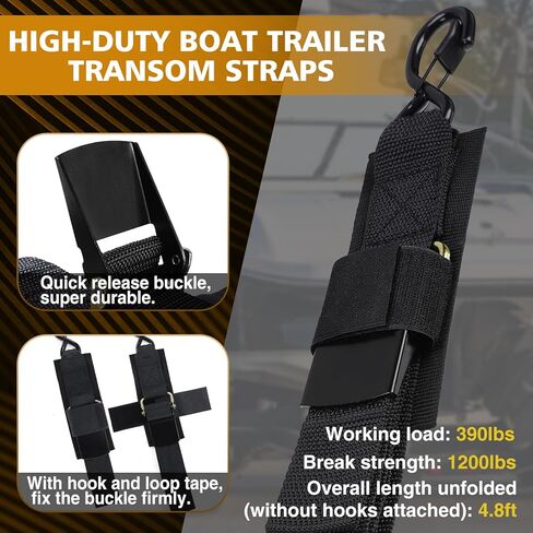 Boat Trailer Straps, 2 Pcs Transom Straps 1200 LBS with Anti-Fall Off Hook & Heavy Duty Boat Trailer Winch Strap 12000 LBS, Bass Boat Accessories for Towing and Fixing Boats in Kuwait
