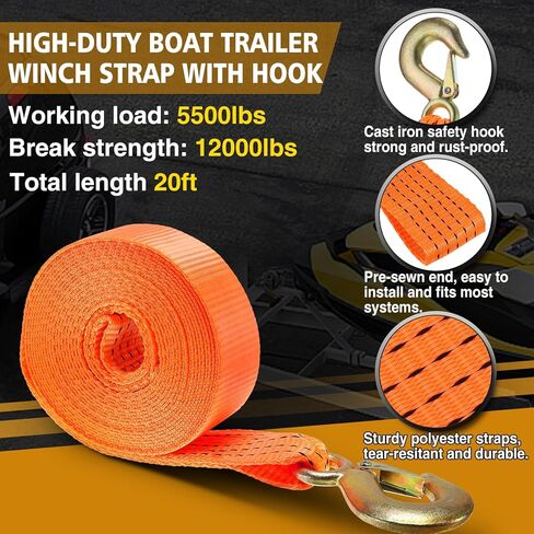 Boat Trailer Straps, 2 Pcs Transom Straps 1200 LBS with Anti-Fall Off Hook & Heavy Duty Boat Trailer Winch Strap 12000 LBS, Bass Boat Accessories for Towing and Fixing Boats in Kuwait