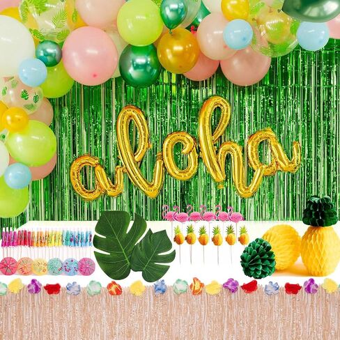 Penny & Pigment Hawaiian Party Decorations - Cursive "Aloha" Balloons, Clear Monstera Leaf Balloons, Summer Beach Pool Party Decorations, Luau Party Decorations - Includes Downloadable Content in Saudi Arabia