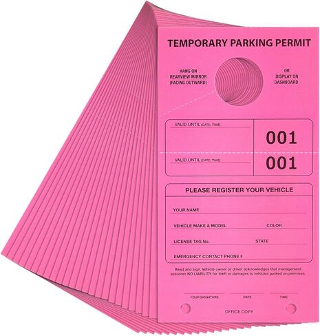 Juvale 100 Pack Temporary Parking Permit Hang Tags for Car Rear View Mirror, Valet Pass, Numbered 1-100 (Pink, 7.75 x 4.25 in) in Saudi Arabia
