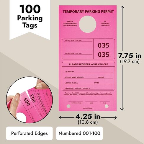 Juvale 100 Pack Temporary Parking Permit Hang Tags for Car Rear View Mirror, Valet Pass, Numbered 1-100 (Pink, 7.75 x 4.25 in) in Saudi Arabia