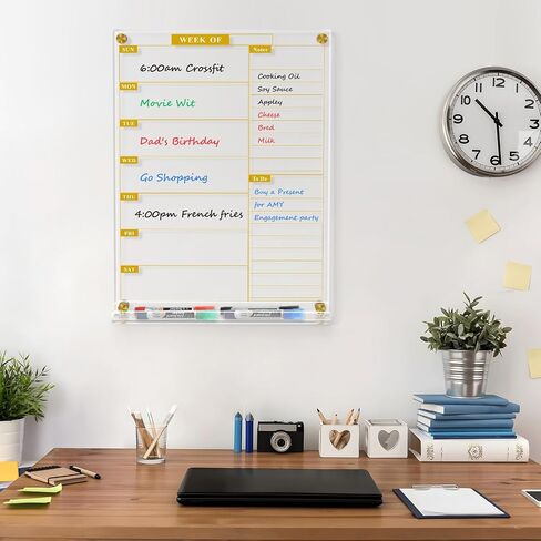 MaxGear Clear Weekly Dry Erase Calendar for Wall, 12'' x 16 ''Non-Magnetic Acrylic Dry Erase Board, Meal Plan & Grocery List White Board for Wall, Include 4 Markers, 1 Eraser and 1 Acrylic Pen Shelf in Saudi Arabia