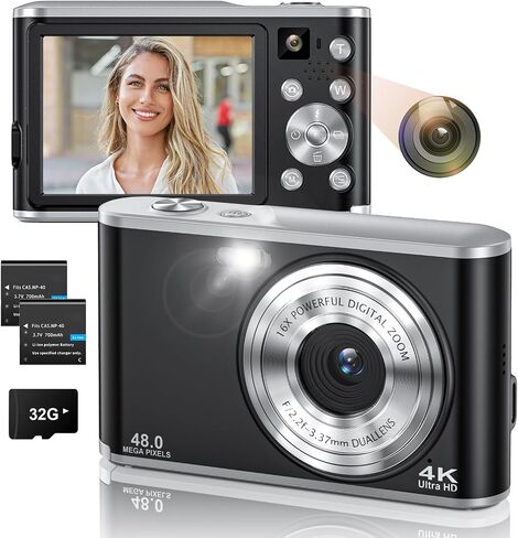 4K Digital Camera, Camkory AutoFocus Point and Shoot Digital Camera with 32GB Card, 16X Zoom, Flash Compact 48MP Cameras for Photogrpahy Small Travel Camera for Teens Adults Beginners, Black in Saudi Arabia