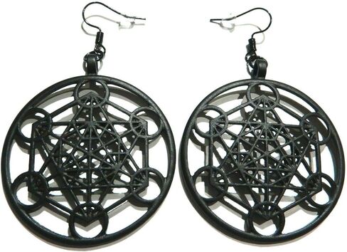 Metatron's Cube Earrings Matte Black large metal hoops Lucky 13 sacred flower fruit of life geometry in Saudi Arabia