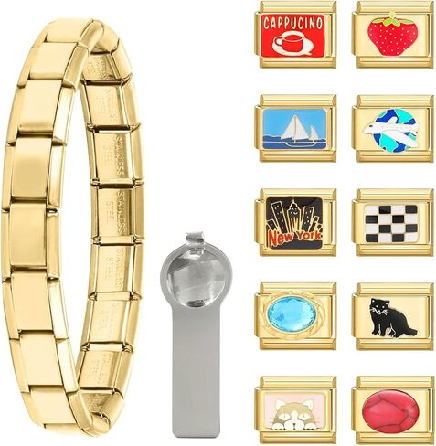 papasgix مجموعة سوار سحر إيطالي ذهبي مع سوار بداية، سحر متنوع وأدوات فتح، 9 مم وحدات أساور إيطالية ساحرة مصنوعة يدويًا هدايا مجوهرات DIY حب السلام in Kuwait