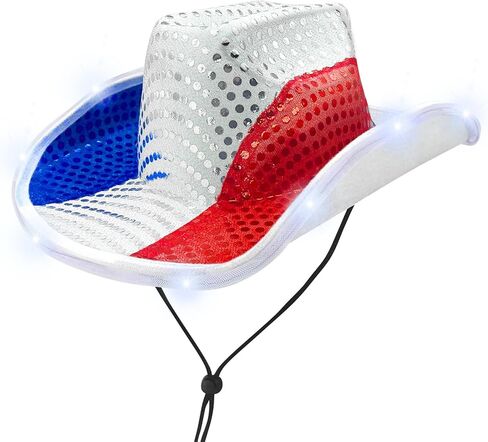 Camlinbo 4th of July قبعة رعاة البقر المضيئة LED العلم الأمريكي الوطني الأحمر الأبيض والأزرق النمط الغربي قابل للتعديل قبعة راعية البقر إكسسوارات الحفلات للنساء والرجال يوم الاستقلال التذكاري in Kuwait