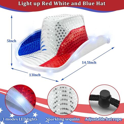 Camlinbo 4th of July قبعة رعاة البقر المضيئة LED العلم الأمريكي الوطني الأحمر الأبيض والأزرق النمط الغربي قابل للتعديل قبعة راعية البقر إكسسوارات الحفلات للنساء والرجال يوم الاستقلال التذكاري in Kuwait