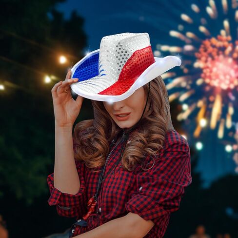 Camlinbo 4th of July قبعة رعاة البقر المضيئة LED العلم الأمريكي الوطني الأحمر الأبيض والأزرق النمط الغربي قابل للتعديل قبعة راعية البقر إكسسوارات الحفلات للنساء والرجال يوم الاستقلال التذكاري in Kuwait