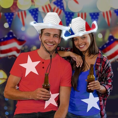 Camlinbo 4th of July قبعة رعاة البقر المضيئة LED العلم الأمريكي الوطني الأحمر الأبيض والأزرق النمط الغربي قابل للتعديل قبعة راعية البقر إكسسوارات الحفلات للنساء والرجال يوم الاستقلال التذكاري in Kuwait