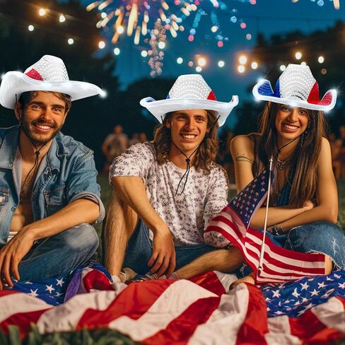 Camlinbo 4th of July قبعة رعاة البقر المضيئة LED العلم الأمريكي الوطني الأحمر الأبيض والأزرق النمط الغربي قابل للتعديل قبعة راعية البقر إكسسوارات الحفلات للنساء والرجال يوم الاستقلال التذكاري in Kuwait