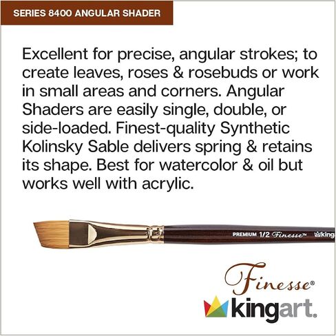 فرشاة فنان KINGART Premium Finesse 8400-1/8 Angular Shader Series، شعر السمور الاصطناعي Kolinsky، مقبض قصير، للألوان المائية والدهانات الزيتية، مقاس 1/8 بوصة in Kuwait
