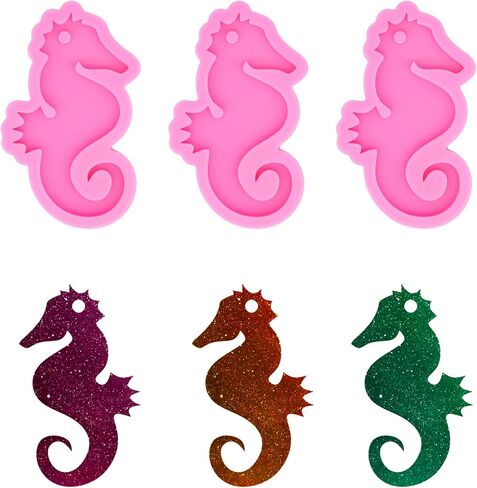 3 PCS Glossy Shiny Seahorse Shape Marine Life Keychain Silicone Mold with Hole for DIY Trinket Fondant Mold Desserts Luggage Tag Candy Crystal Pendant Earrings Necklace Epoxy Craft Decoration in Saudi Arabia