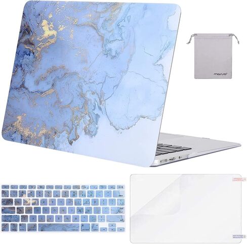 حافظة MOSISO متوافقة مع جهاز MacBook Air 13 بوصة (A1369 A1466، الإصدار الأقدم 2010-2017)، حافظة صلبة رخامية بلاستيكية بألوان مائية وغطاء لوحة مفاتيح وواقي شاشة وحقيبة، أزرق in Saudi Arabia