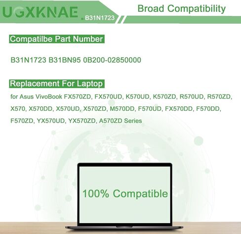 B31N1723 Laptop Battery Replacement for Asus VivoBook FX570UD FX570ZD FX570DD F570UD K570UD K570ZD R570UD R570ZD X570 X570DD X570UD X570ZD M570DD YX570ZD YX570UD A570ZD Series Notebook 0B200-02850000 in Kuwait