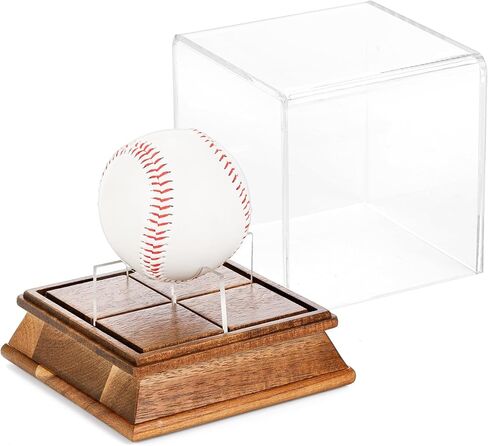 حافظة عرض بيسبول تيبيري حامل خشبي، حامل بيسبول مكعب شفاف محمي من الأشعة فوق البنفسجية مع قاعدة خشبية، عرض تذكارات مربعة للتخزين، حافظة عرض توقيع رياضية تناسب الحجم الرسمي للكرة in Kuwait
