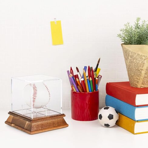 حافظة عرض بيسبول تيبيري حامل خشبي، حامل بيسبول مكعب شفاف محمي من الأشعة فوق البنفسجية مع قاعدة خشبية، عرض تذكارات مربعة للتخزين، حافظة عرض توقيع رياضية تناسب الحجم الرسمي للكرة in Kuwait