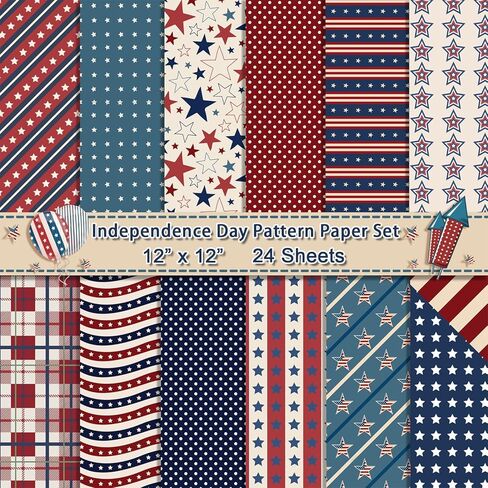 24 Sheets Independence Day Pattern Paper, 12" x 12" Patterned Cardstock Paper Scrapbooking Supplies Paper Vintage Decorative Craft Paper for DIY Card Making Photo Album Junk Journal Decor in Kuwait