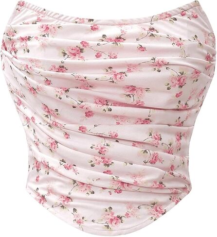Floerns Women's Floral Print Sleeveless Strapless Ruched Asymmetrical Hem Crop Tube Tops in Saudi Arabia