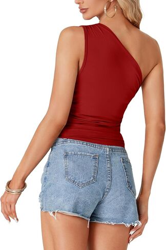 LYANER Women's Sexy One Shoulder Sleeveless Asymmetrical Hem Ruched Strappy Cami Tank Crop Top in Saudi Arabia