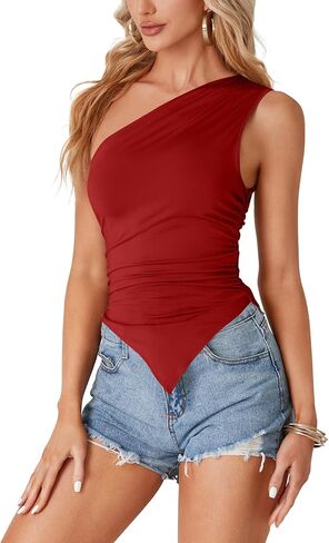 LYANER Women's Sexy One Shoulder Sleeveless Asymmetrical Hem Ruched Strappy Cami Tank Crop Top in Saudi Arabia