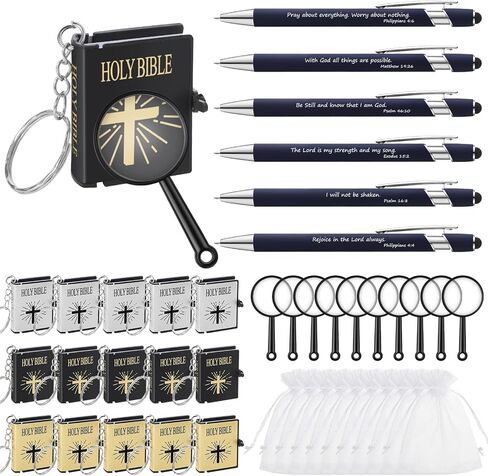 Qilery 30 Pcs Christian Gift Sets Include 30 Pcs Bible Verse Ballpoint Pens 30 Pcs Mini Bible Keychains 30 Pcs Mini Magnifying Glasses 30 Pcs White Organza Bags for Church Religious Gifts Supplies in Saudi Arabia
