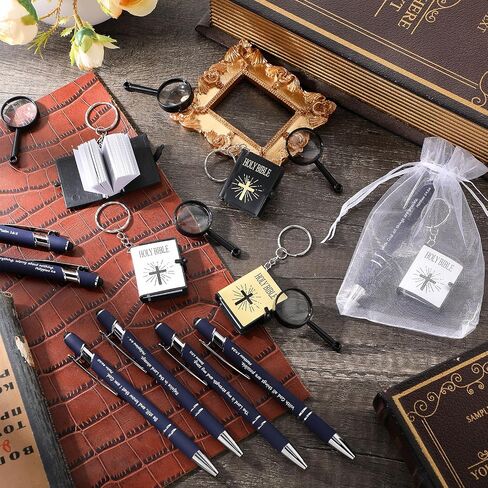 Qilery 30 Pcs Christian Gift Sets Include 30 Pcs Bible Verse Ballpoint Pens 30 Pcs Mini Bible Keychains 30 Pcs Mini Magnifying Glasses 30 Pcs White Organza Bags for Church Religious Gifts Supplies in Saudi Arabia
