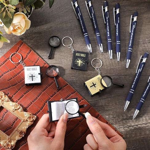 Qilery 30 Pcs Christian Gift Sets Include 30 Pcs Bible Verse Ballpoint Pens 30 Pcs Mini Bible Keychains 30 Pcs Mini Magnifying Glasses 30 Pcs White Organza Bags for Church Religious Gifts Supplies in Saudi Arabia