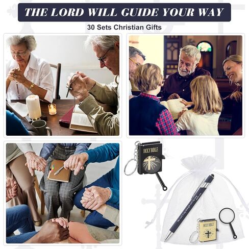 Qilery 30 Pcs Christian Gift Sets Include 30 Pcs Bible Verse Ballpoint Pens 30 Pcs Mini Bible Keychains 30 Pcs Mini Magnifying Glasses 30 Pcs White Organza Bags for Church Religious Gifts Supplies in Saudi Arabia