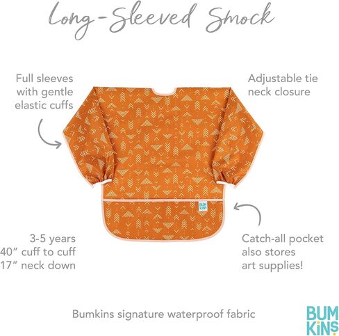 Bumkins Sleeved Smock, Toddler Reusable Waterproof Bib for Girls and Boys Ages 3-5 Years, Long Sleeve Childrens, Kids Paint Apron, Arts, Crafts and Play with Pocket, Soft Fabric, Rainbows Blue in Kuwait
