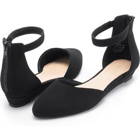 Women's Closed Toe Flat Shoes with Ankle Strap, Black Flats for Women, Pointed Toe Dress Shoes with Low Wedge Heel